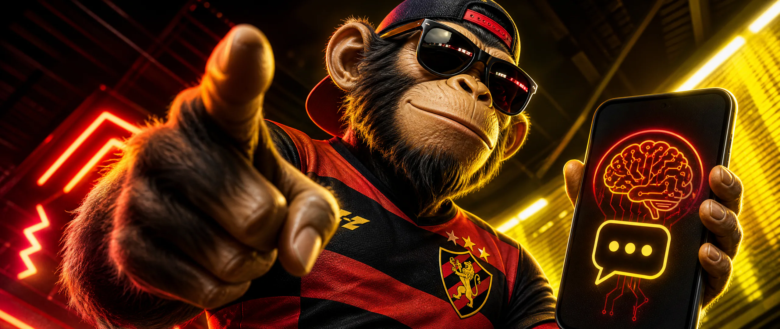 Mascote da Roviq de camisa do Sport Recife apontando pra frente e segurando um celular com um cérebro de circuitos e um balão de conversa em neon vermelho e amarelo.