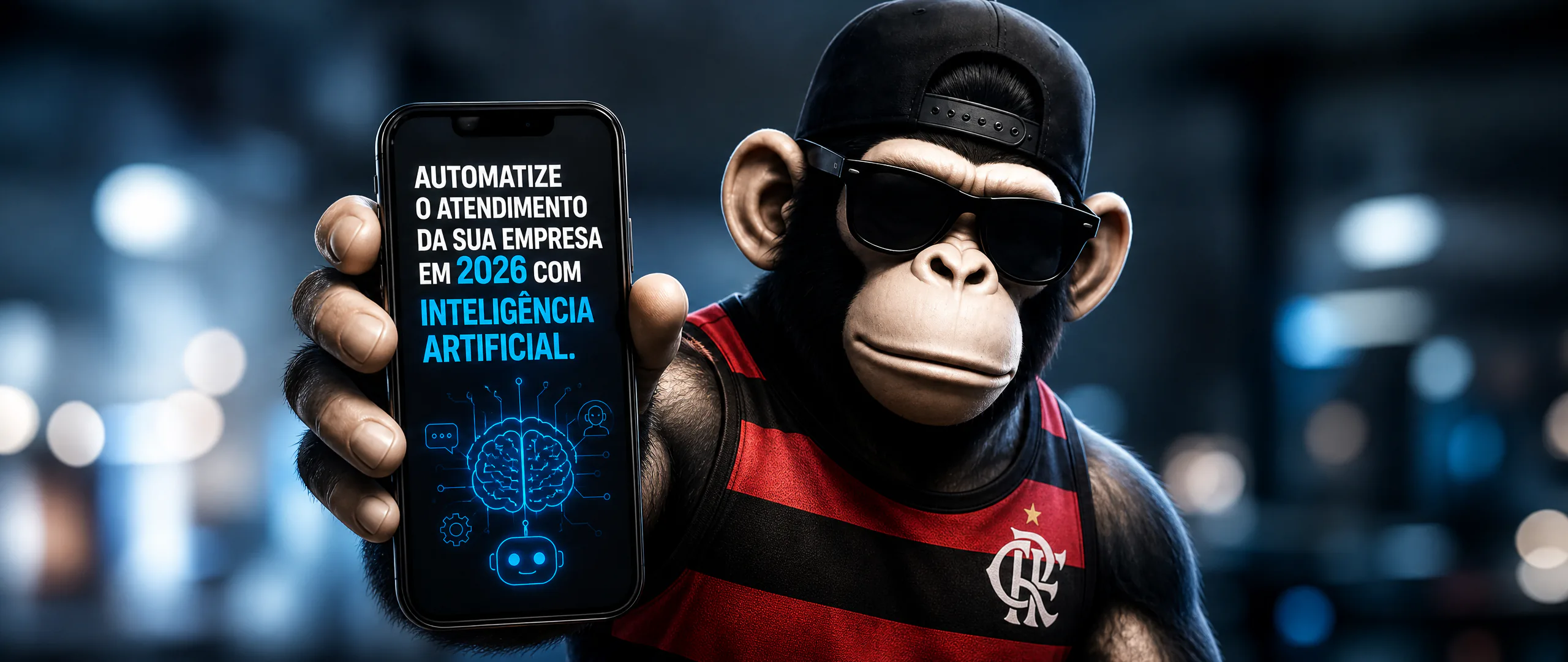Mascote da Roviq de regata do Flamengo mostrando um celular com a frase: automatize o atendimento da sua empresa em 2026 com inteligência artificial.